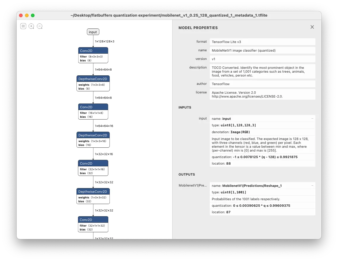 Screenshot of netron app, which the quantization field on the right side bar