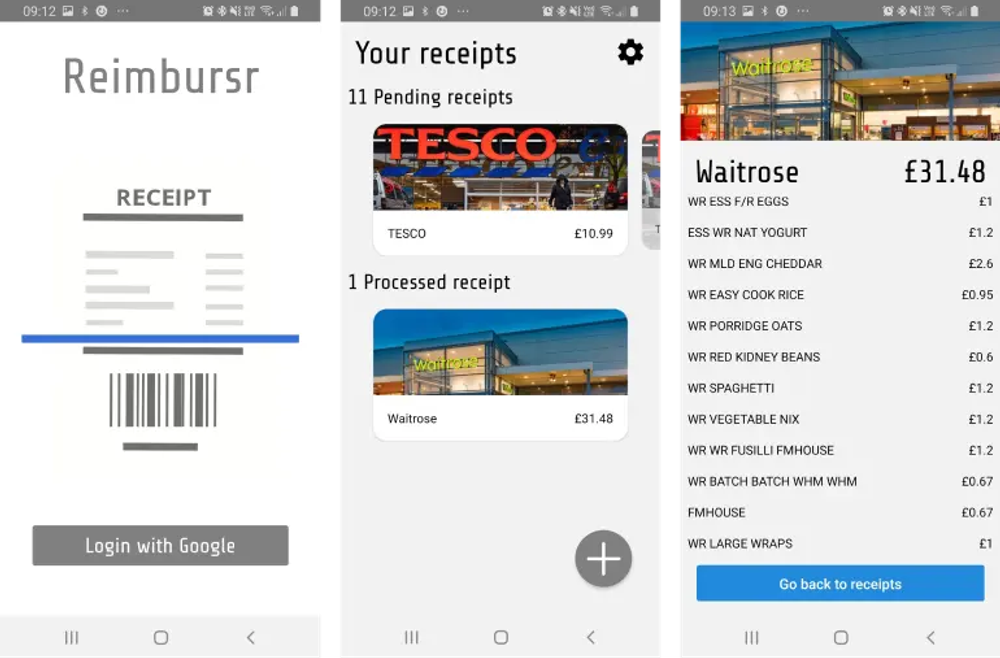 Screenshot of a mobile app UI for scanning receipts